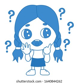 emoji with a girl who, with his whole appearance, shows that he cannot count, emoticon on a white isolated background with question marks