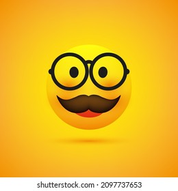 Emoji with Glasses and Mustache - Simple Happy Emoticon on Yellow Background - Vector Design