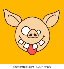 emoji with goofy pig face with crooked teeth, differently sized eyes & stupid look that is sticking out tongue with silly & dumb facial expression, simple hand drawn emoticon