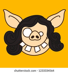 emoji with goofy pig woman's face with crooked teeth, differently sized eyes, silly & dumb facial expression & overall stupid look, simple hand drawn emoticon 