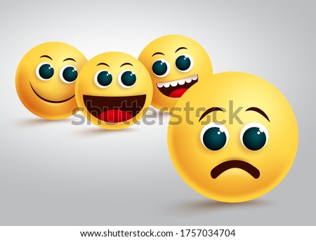 Emoji gossip and discrimination vector concept. Emojis gossiping and bullying behind with yellow emoji stress and sad facial expression in white background. Vector illustration. 