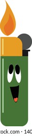 Emoji of a green lighter glowing with a small flame used to light cigarettes has a cute face with eyes rolled up and tongue stuck out while laughing, vector, color drawing or illustration.