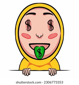 Emoji with a green tongue sticking out there is a dollar sign, meaning materialistic or matre