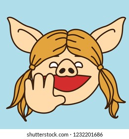 emoji with greeting friendly blonde pig woman character with pigtails who is waving her right hand with open palm to say hi or hello with gesture & smile, simplistic colorful picture