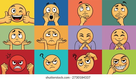 Rejilla de emoji con caras de dibujos animados expresivos sobre fondos coloridos, diseño de personajes emocionales, ilustración de sentimiento juguetón