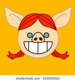 emoji with grinning stoned redhead pig woman with wide open smile & pigtails & white shiny teeth that represent a grin emotion, simple hand drawn emoticon, simplistic colorful picture
