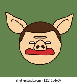 emoji with grumpy disgusted pig guy with strict haircut and frowned brow, vector emoji drawn by hand in color, simplistic colorful picture, simple handdrawn illustration