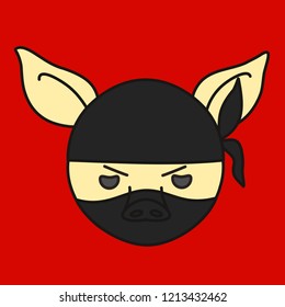 emoji with grumpy ninja pig wearing a mask or hood, japanese assassin ready to kill on red background, simple hand drawn emoticon, simplistic colorful picture, vector art with pig-like characters