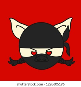 emoji with grumpy ninja pig woman wearing mask or hood, japanese assassin ready to kill on red background, simple hand drawn emoticon, simplistic colorful picture, vector art with pig-like characters