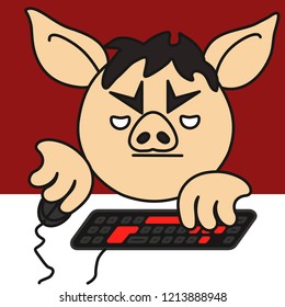 emoji with grumpy pc gamer pig that plays a personal computer game using a mouse and a keyboard, bored boy addicted to gaming grinds something in an mmorpg virtual world for hours sitting on a chair