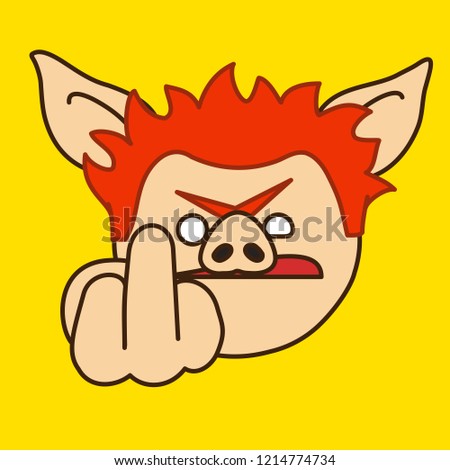 emoji with grumpy pig character that shows explicit raised middle finger gesture representing a rude filthy language insult, simple hand drawn emoticon, simplistic colorful picture