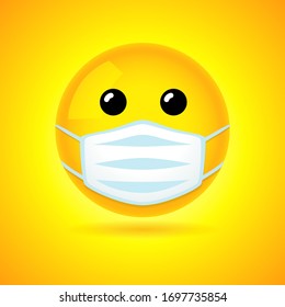Emoji with guard mouth mask - yellow face with open eyes wearing a white surgical mask. Vector smile icon