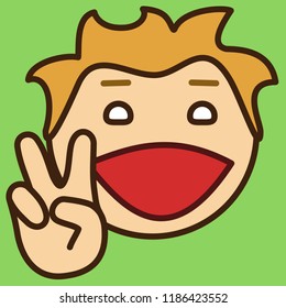 emoji with guy that is showing a "V for victory" or "peace" gesture with three fingers, simple colored emoticon, simplistic colorful pictogram, ball like personage with thick outlines