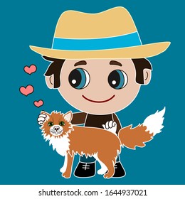 emoji with guy in a yellow hat stroking a ginger cat, color vector emoticon illustration