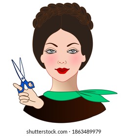 emoji with hairdresser or hair cutter women holding scissors in her hand, happy girl barber or coiffure at work, simplistic facial expression