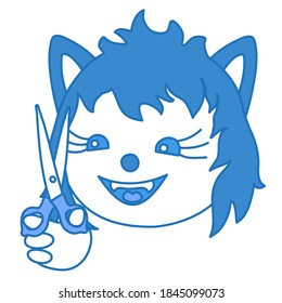 emoji with hairdresser  wolf holding scissors in her hand, happy woman barber or work, ball or circle shaped face, simplistic facial expression