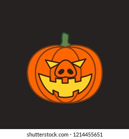 emoji with hallowed halloween pumpkin pig with a spooky carved grin and evil eyes, simple hand drawn emoticon, simplistic colorful picture, vector art with pig-like characters