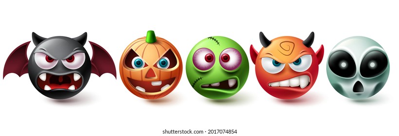 Emoji halloween vector set. Emojis halloween character graphic elements in creepy, horror and scary character collection isolated in white background. Vector illustration
