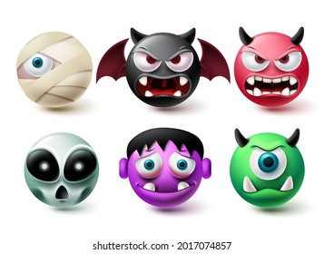 Emoji halloween vector set. Emojis horror character icon collection isolated in white background for graphic design elements. Vector illustration