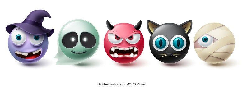 Emoji Halloween Vector Set. Emoticon And Emojis In Creepy And Scary Character Collection Isolated In White Background For Graphic Elements. Vector Illustration
