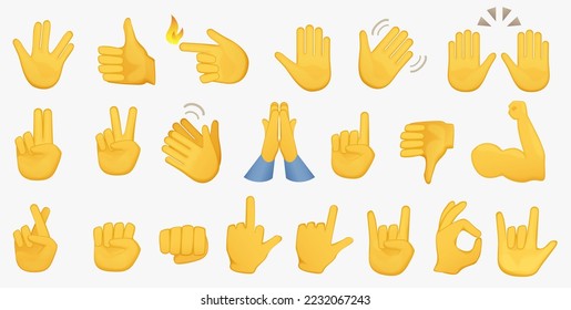 Emoji hand icons. Hands gesture icons symbols set. Different hands gestures, signals and signs cartoon vector illustration