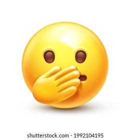 Emoji con la boca sobre la mano. Oops o Oh mi emoticono, cara amarilla con simples puntos ojos y boca que cubre la boca icono de vector estilizado 3D