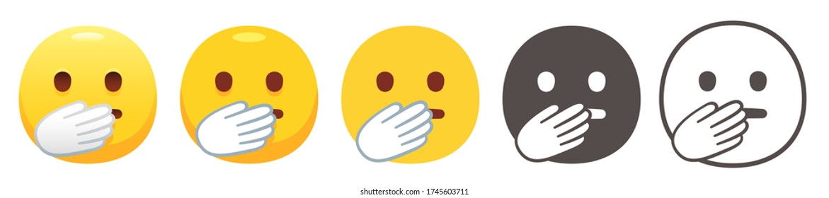 Emoji with hand over mouth. Yellow face with white glove covering mouth and simple dots eyes. Oops or Oh my emoticon flat vector icon set