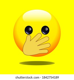 Emoji hand over mouth. A yellow face with a hand covering its mouth isolated on a yellow background