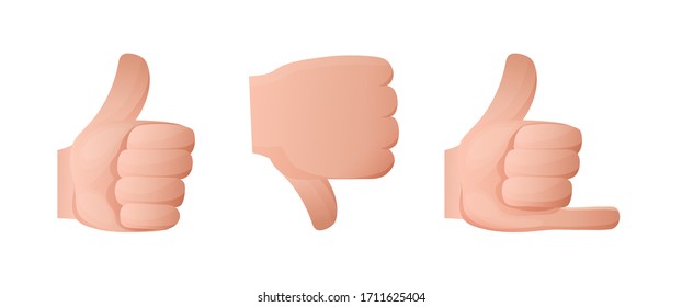 Emoji Hand Sign. Gesture Class, Like, Negation Symbol, Finger Down, Sign Call Me. Hands Raised Up Show Various Gestures With Meanings. Vector Illustration.