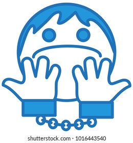 emoji with Handcuffed man showing his hands, arrested male criminal suspect about to go to jail, upset guy under custody in handcuffs, simple hand drawn emoticon, ball or circle shaped face, eps 10