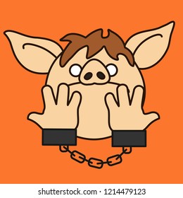 emoji with Handcuffed pig man that is showing his hands, arrested male criminal suspect about to go to jail, upset guy under custody in handcuffs, vector emoji drawn by hand in color