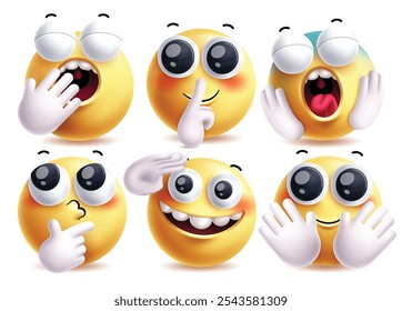 Emoji mãos conjunto de caracteres vetoriais. Emojis gestos de mão, pensando, saudação e ondulação pose para 3d gráfico amarelo clip art personagem. Conjunto de coleta de emojis de ilustração de vetor.
