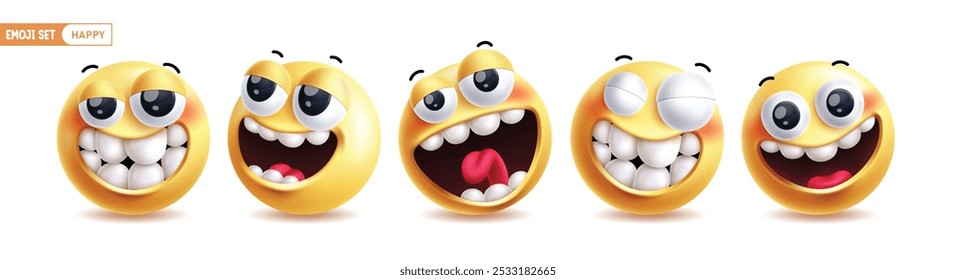 Emoji feliz juego de Vectores de personajes en 3D. Emoticon de emojis en colección de expresión facial divertida, sonriente, traviesa, riente y alegre en fondo blanco. Ilustración vectorial caras felices emoticono 