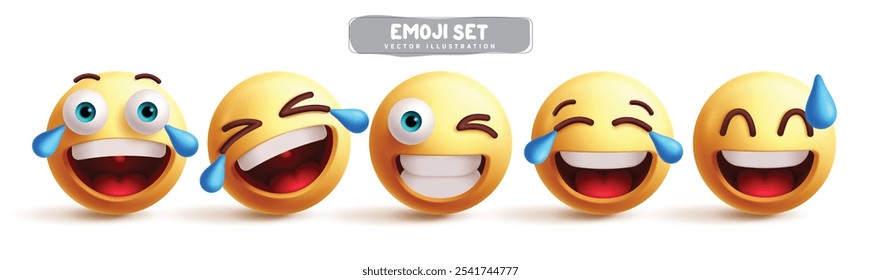 Emoji happy 3d characters vector set.  Emojis in laughing, funny, winking, cheerful and joyful emoticon facial expression graphic elements. Vector illustration emojis happy yellow emoticons collection