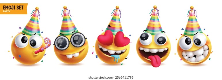 Emoji happy birthday vector characters set. Birthday emojis wearing rainbow hat costume in blowing, funny, in love, drooling, goofy and cute faces yellow icon clipart. Vector illustration mascot emoji