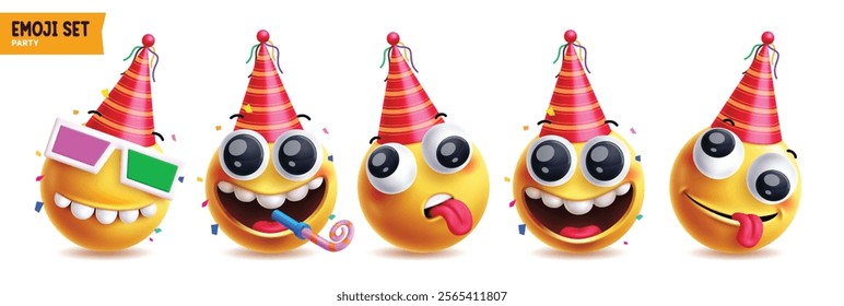 Emoji happy birthday vector characters set. 3d party hat red and orange color birthday emojis in funny, blowing, tired, happy and mischievous facial expression costume elements. Vector illustration 