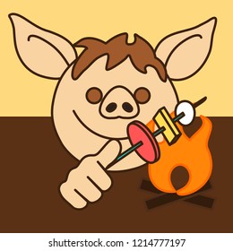 emoji with happy camper pig man toasting marshmallows on a bonfire, smiling emotion roasting some food on a stick, simple hand drawn emoticon, simplistic colorful picture, eps 10 vector clip art