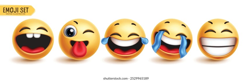 Emoji conjunto de vetores de personagens felizes. Emoticon 3d ícone personagem em feliz, engraçado, sorrindo, piscando, rindo e impertinente coleção de expressões faciais em fundo branco. Ilustração vetorial para gráfico 