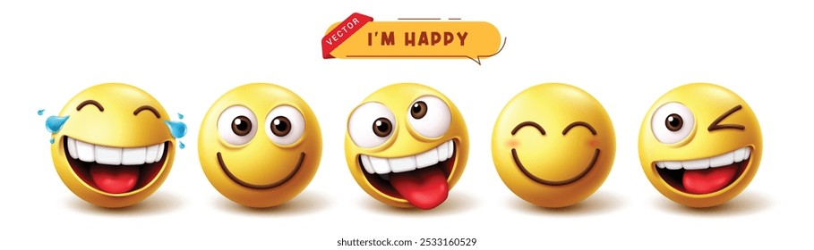 Emoji conjunto de vetores de personagens felizes. Emojis emoticon personagem em engraçado, rindo, sorrindo, língua, charmoso, e piscando expressão facial 3d coleção isolado em fundo branco. Vetor 