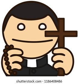 emoji with happy christian catholic priest that is wearing traditional religious dress & holding a cross & beads or rosary, simple colored emoticon, simplistic colorful pictogram, primitive vector art