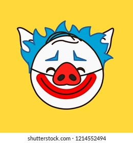 emoji with happy clown pig with white face, blue hair, wide red smile and a fake nose, vector emoji drawn by hand in color, simplistic colorful picture, simple illustration