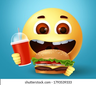 Emoji happy eating fast food burger character vector design. Emoticon with happy and excited facial expression holding yummy hamburger and juice for snack. Vector illustration 
