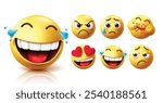 Emoji happy emoticon character vector set. Emojis laughing, fun and enjoy emoticon character with angry, crying, starving, in love, happy and sad facial expression yellow icon collection. Vector 