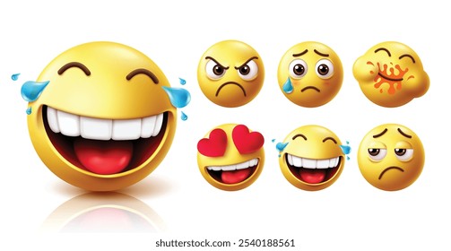 Emoji conjunto de vetores de caracteres emoticon feliz. Emojis rindo, divertido e apreciar personagem emoticon com raiva, chorando, faminto, no amor, feliz e triste expressão facial amarelo coleção de ícones. Vetor 