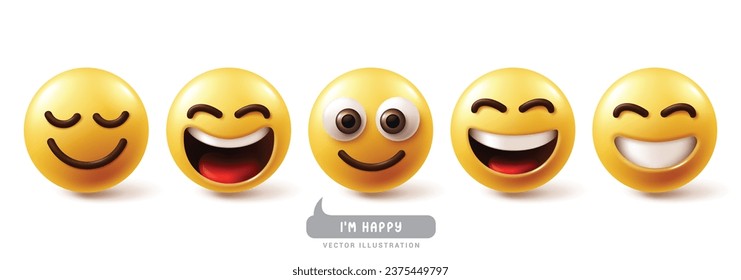 Emoji happy emoticon characters vector set. Emojis emoticons in enjoy, joyful, funny, and smiling facial expression yellow face collection. Vector illustration emojis happy icon collection.
