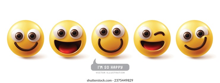 Emoji happy emoticon characters vector set. Emojis emoticons in happy, smile, funny, enjoy and smiling facial expressions with fun and joy feelings and reactions character collection. Vector 