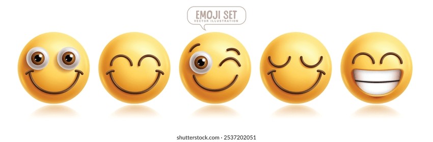 Emoji glücklich Emoticon Zeichen Vektor-Set. Emojis 3D-Charakter in fröhlich, lächeln, lustig, genießen und lächeln Gesichtsausdrücke für grafische Elemente Sammlung. Vektorgrafiken Emojis Symbol glücklich 