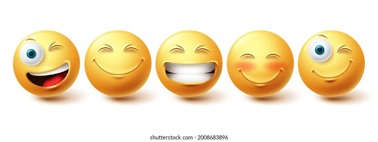 Emoji happy face vector set. Emojis icon and emoticon with funny, happy and winking facial expressions in yellow color isolated in white background. Vector illustration
