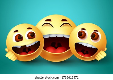 Emoji happy family characters vector design. Emoji of parent and kids happy bonding with hugs and loving gesture in green background. Vector illustration.