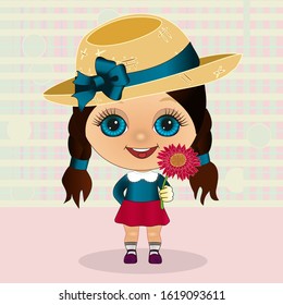 emoji with happy girl in hat that is giving a flower, color emoticon on checkered background